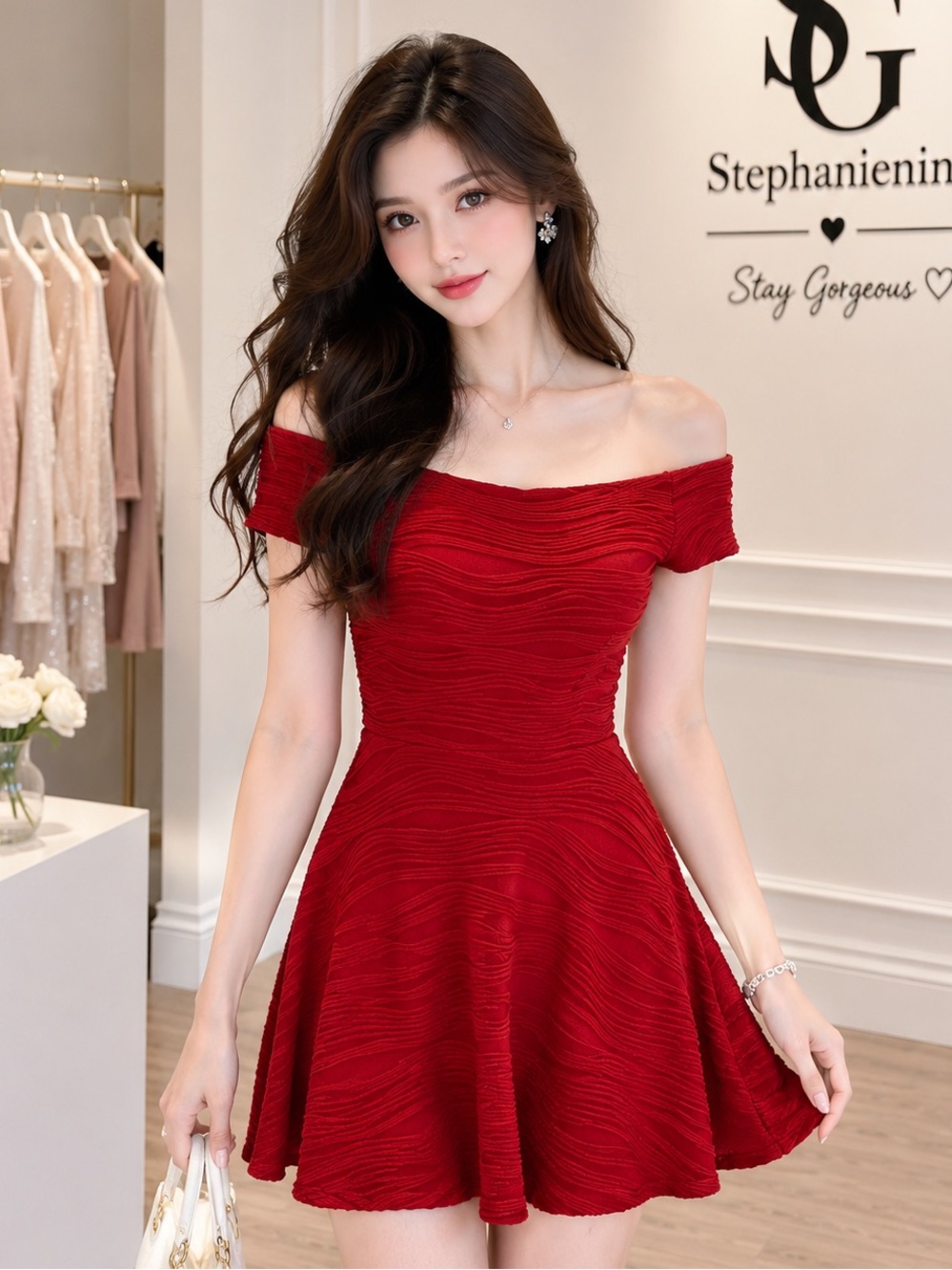 Women’s Red Textured Fit & Flare Dress